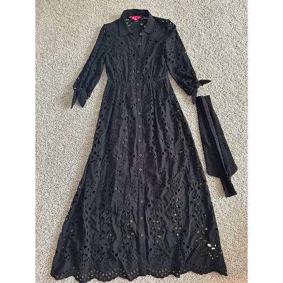 Lilly Pulitzer Maxi Dress Women Sz 00 Eyelet Button-Down Black Dressy Dress - Picture 2 of 13